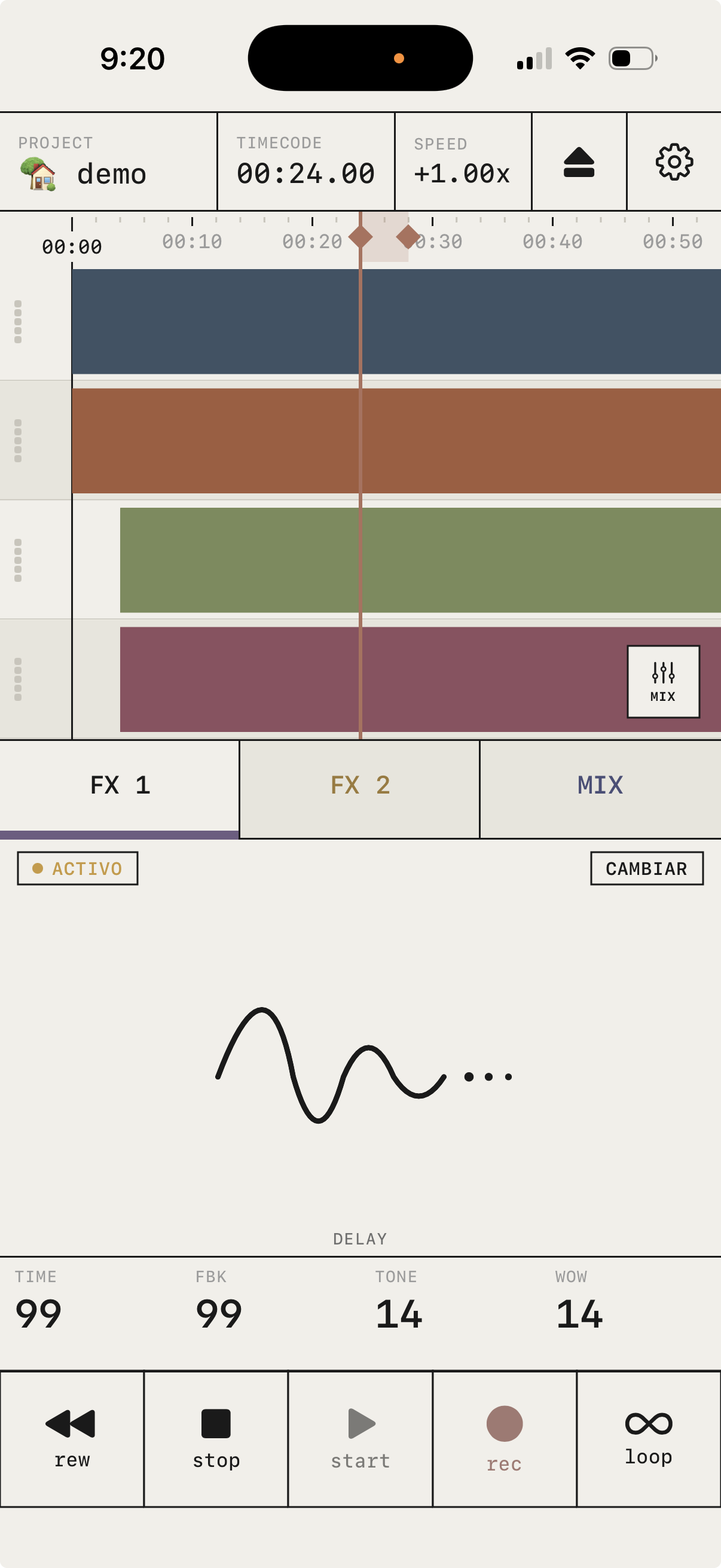 Delay effect panel, active