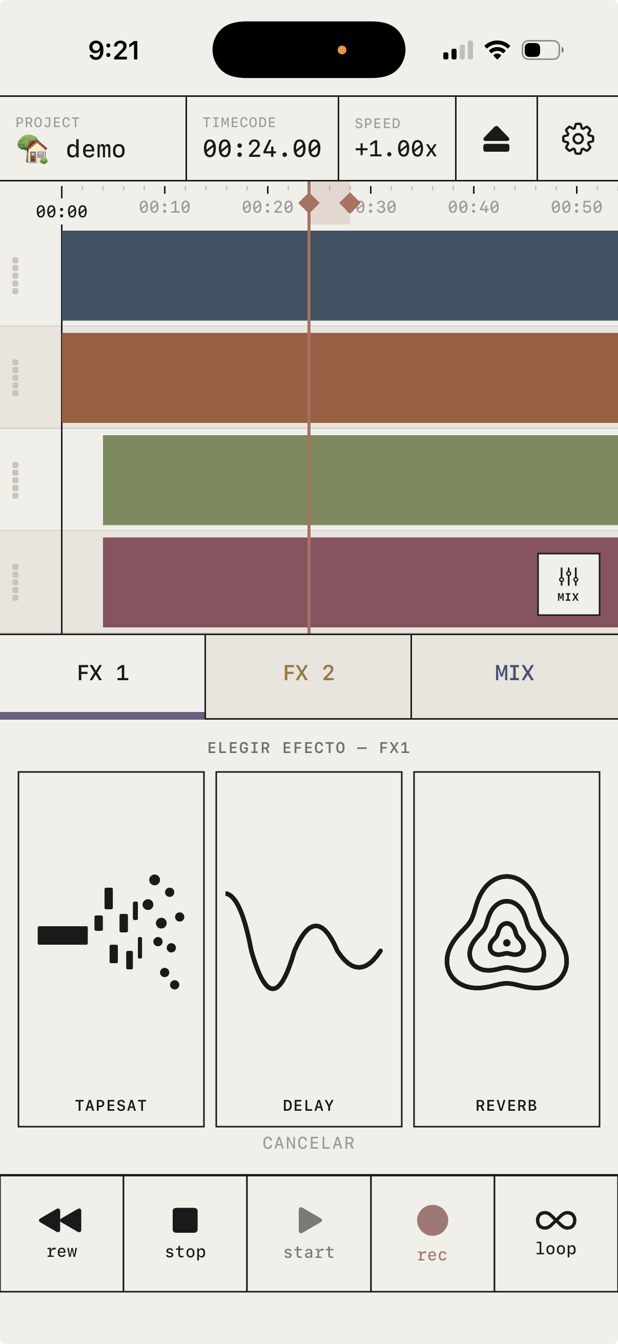 The effect picker: tapesat, delay and reverb, each a hand-drawn glyph
