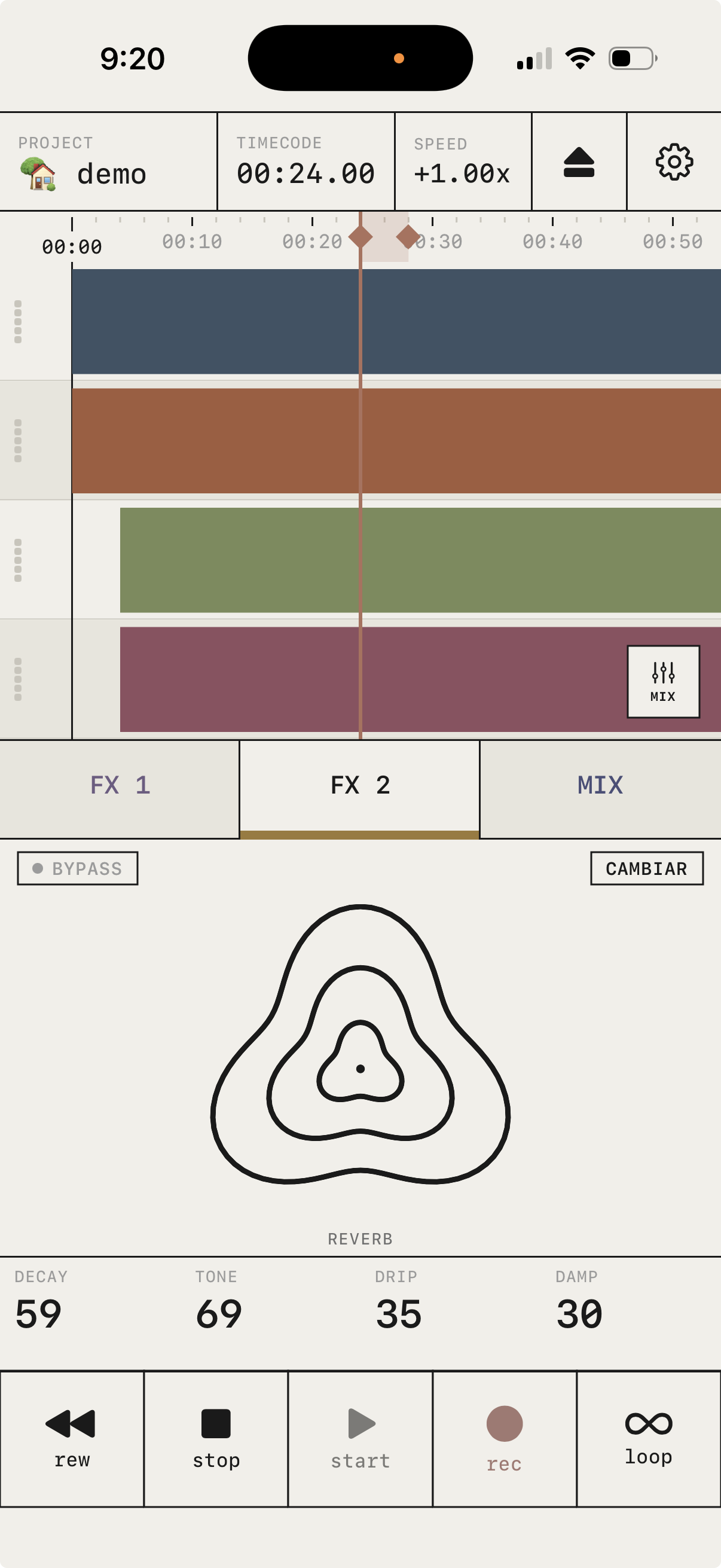 Reverb effect panel