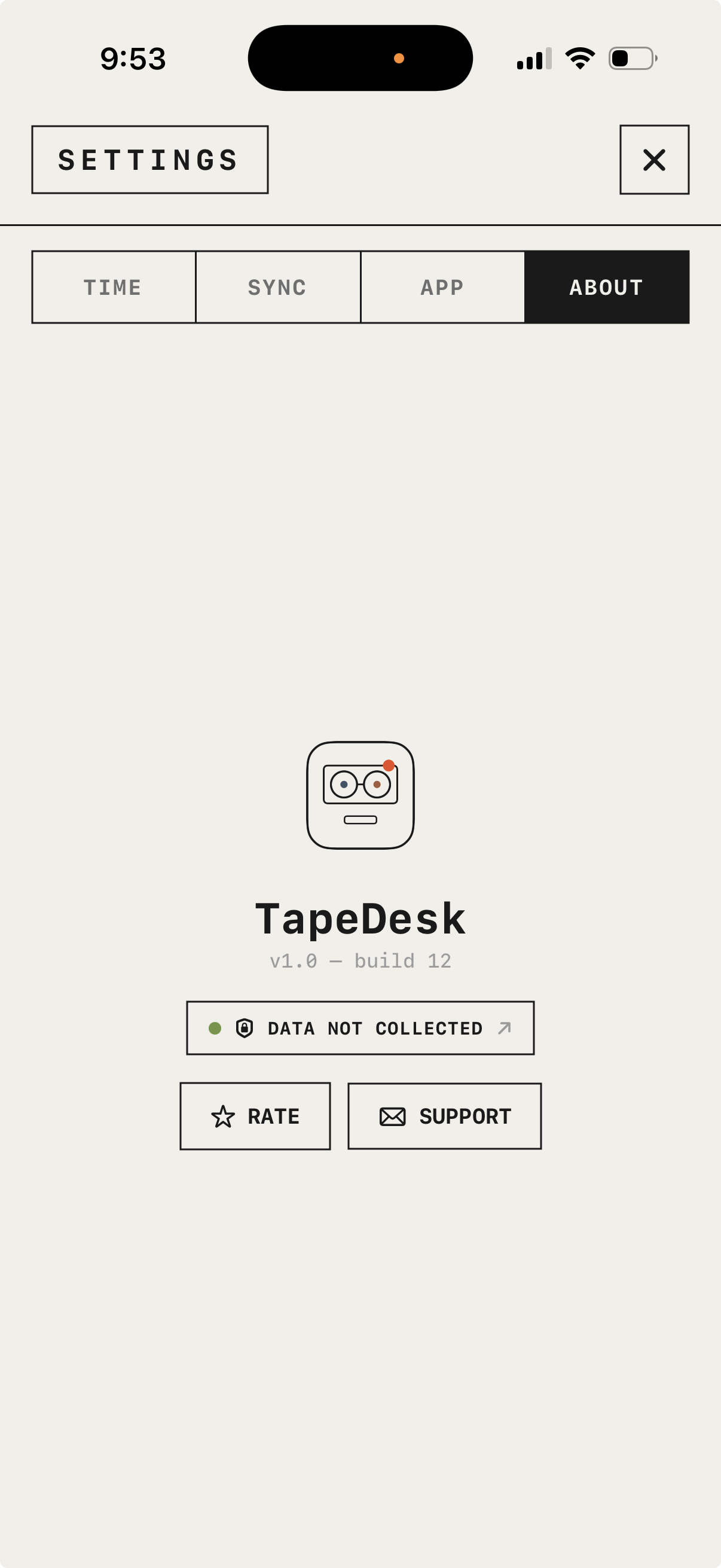 Settings, ABOUT tab: version, privacy, rate, support