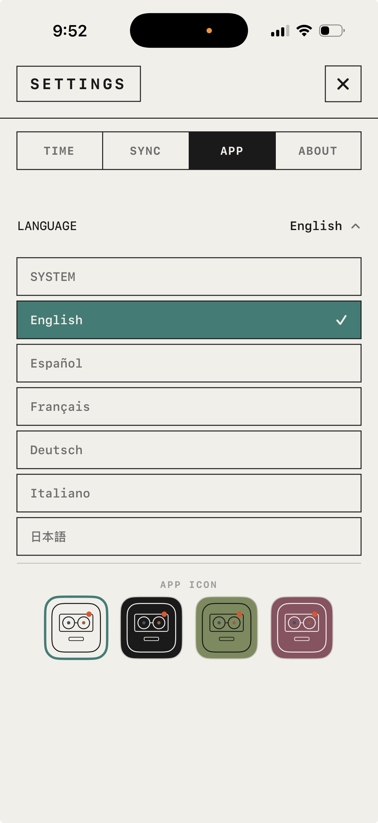 Settings, APP tab: language picker and four app icons