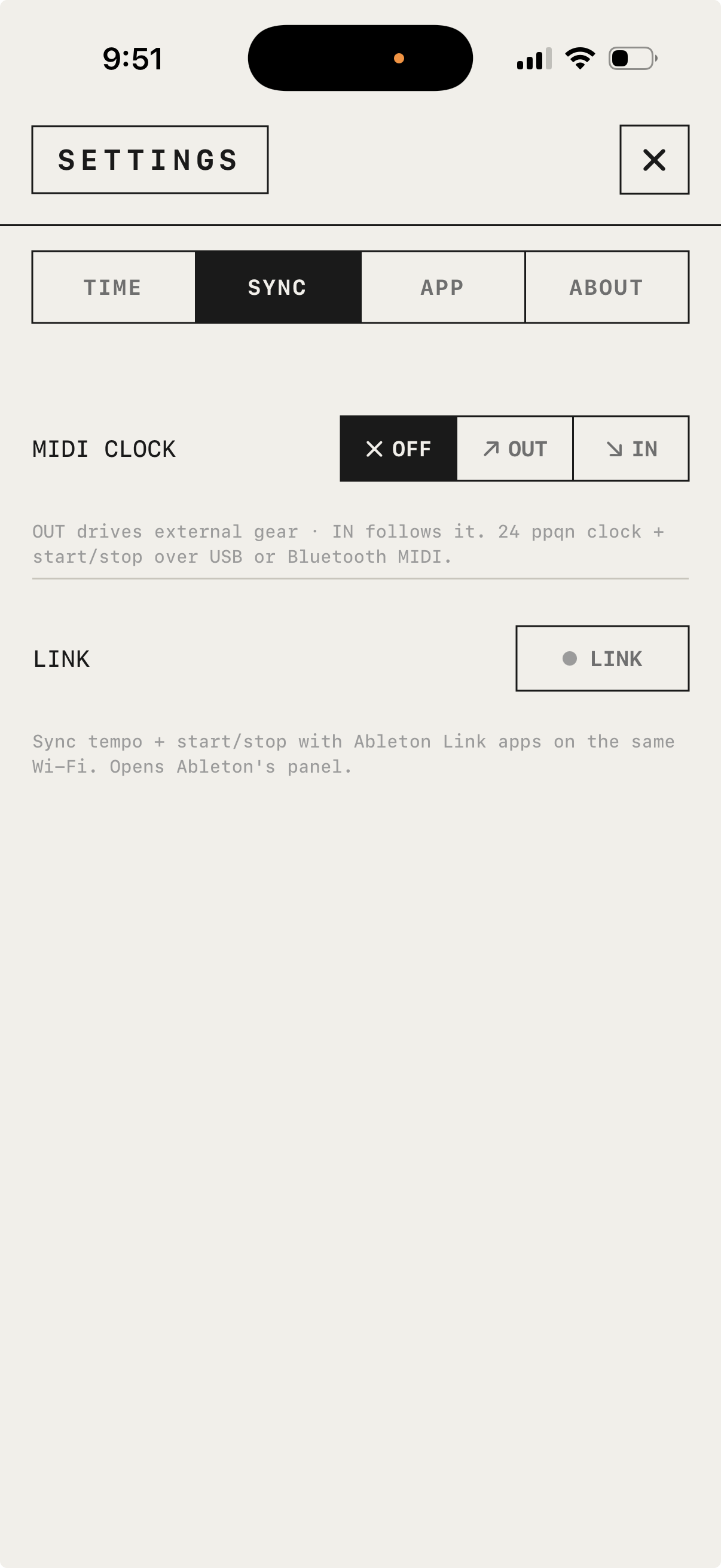 The SYNC tab: MIDI clock off/out/in and Ableton Link