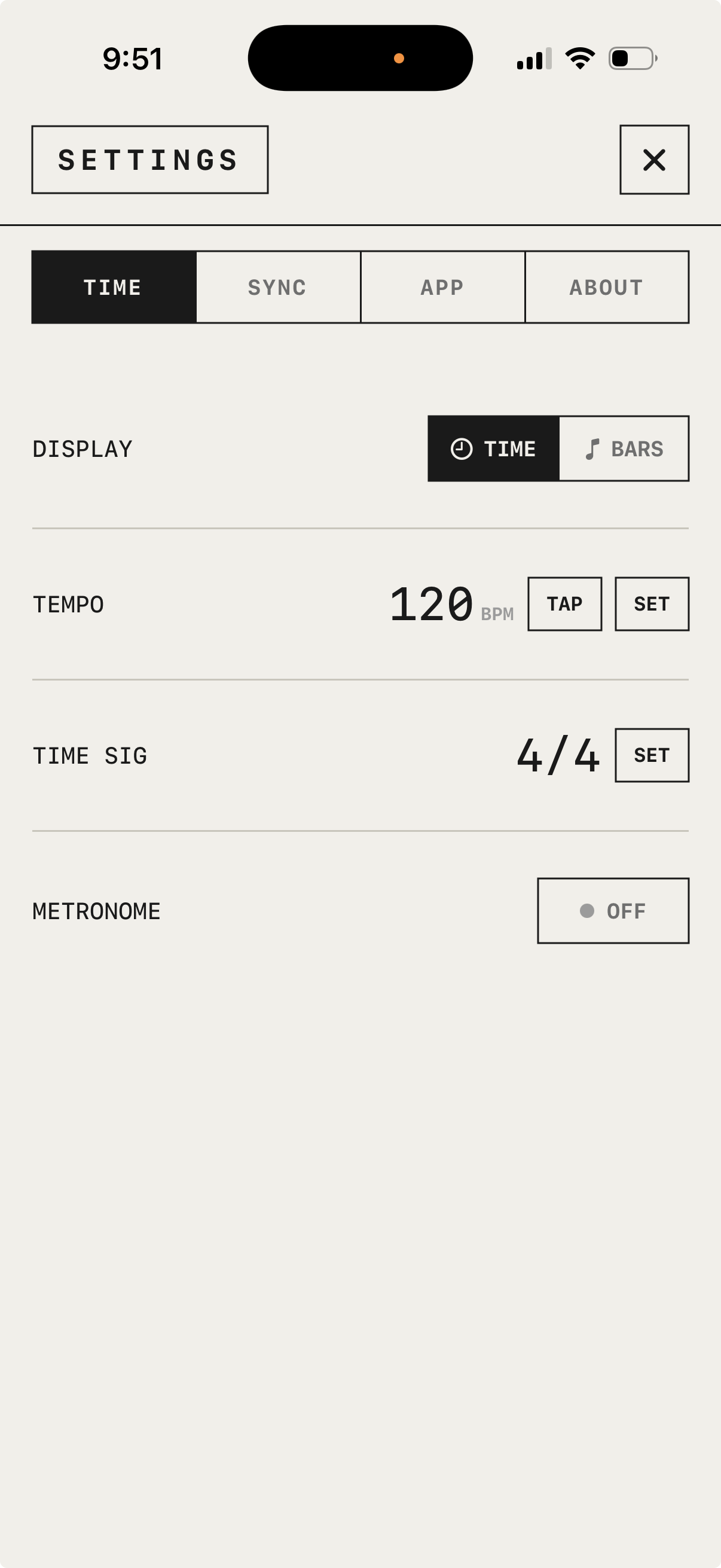 Settings, TIME tab: display, tempo, time signature, metronome