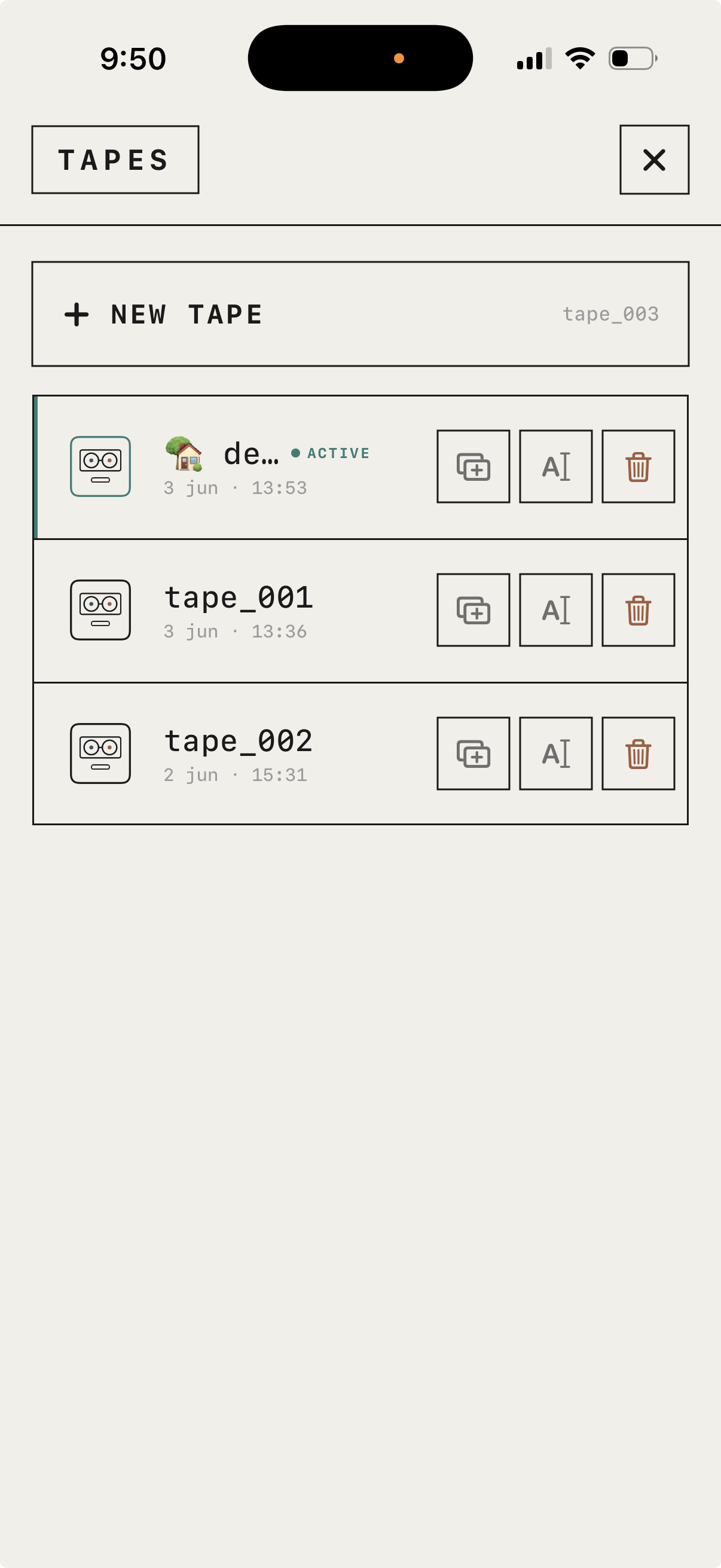 The TAPES menu: new tape, duplicate, rename, delete