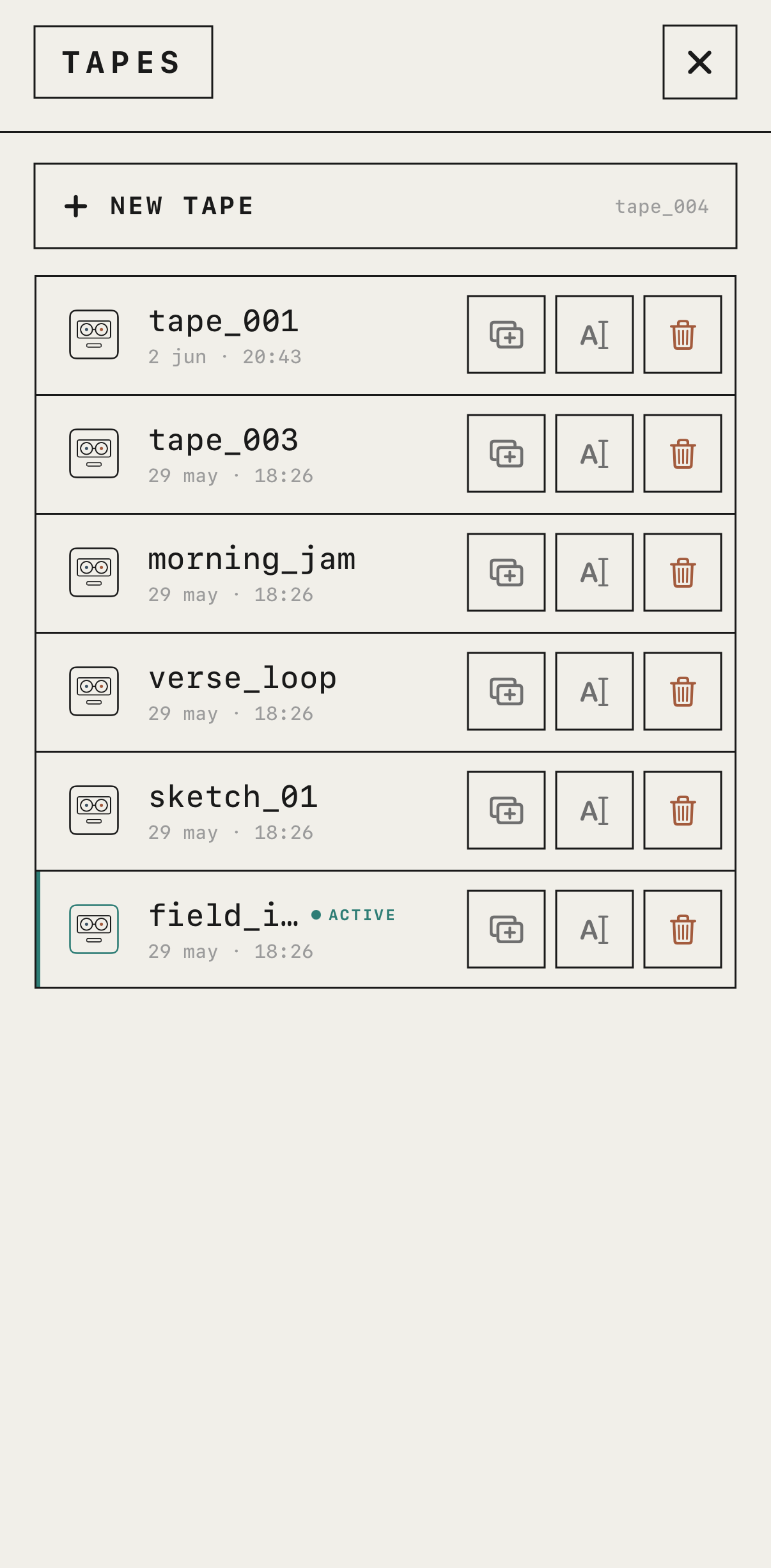 Tapes menu listing projects
