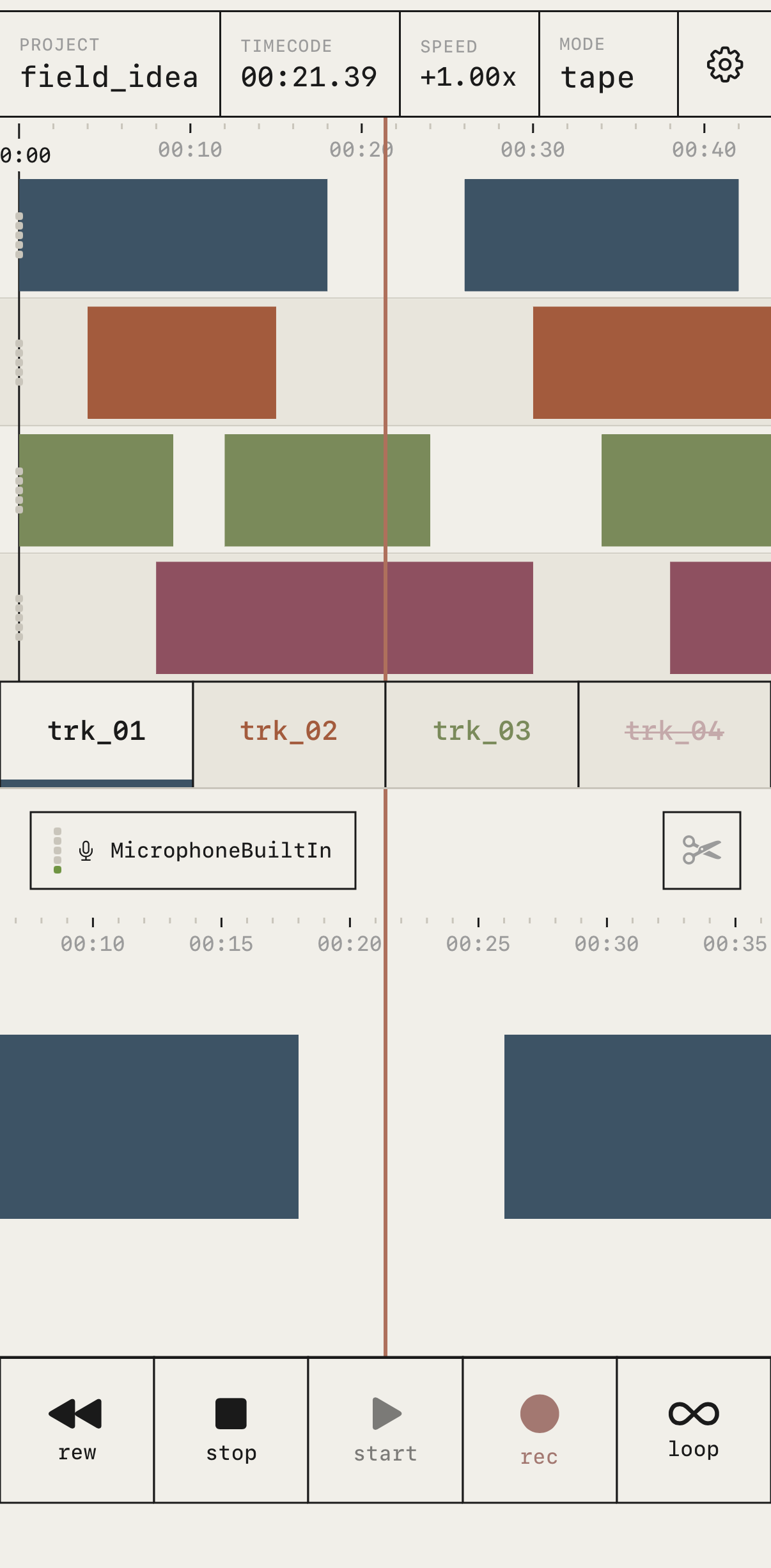 TapeDesk tape view, four tracks of recorded regions