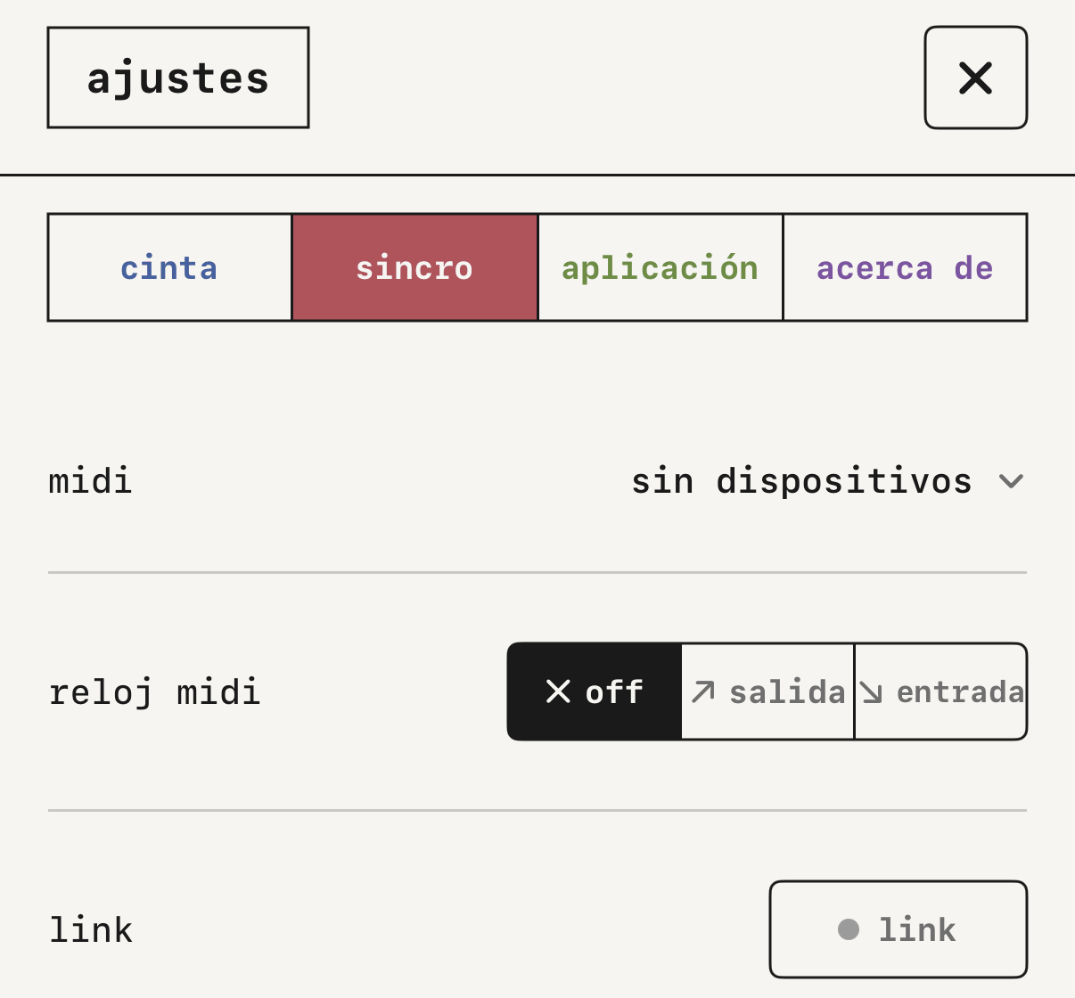 reloj midi y link en los ajustes de sincro.