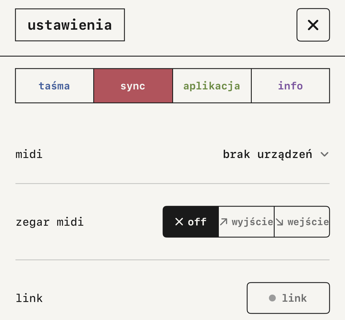 zegar midi i link w ustawieniach sync.