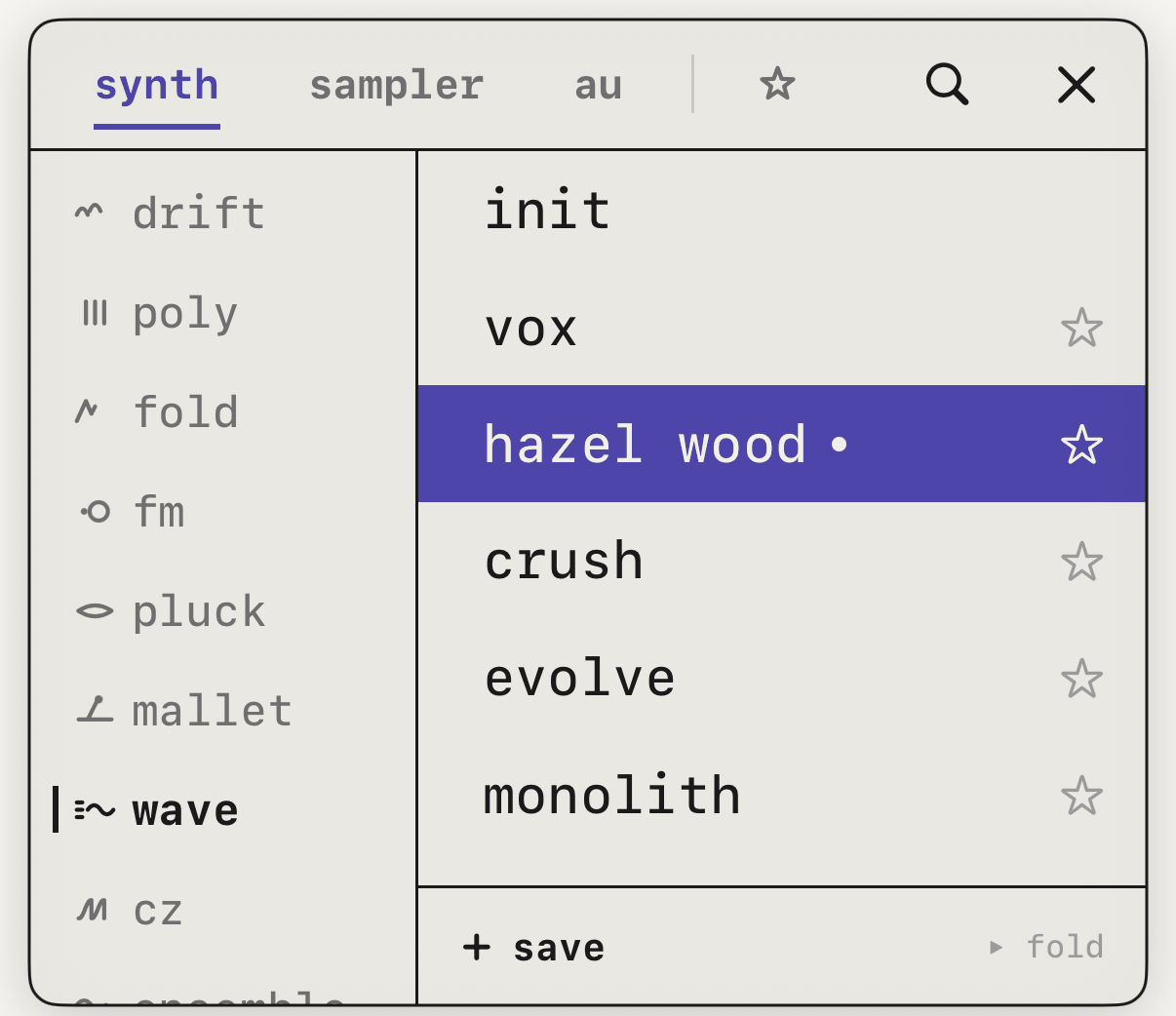 The browser, with the families at the top, the engines on the left and the presets on the right.