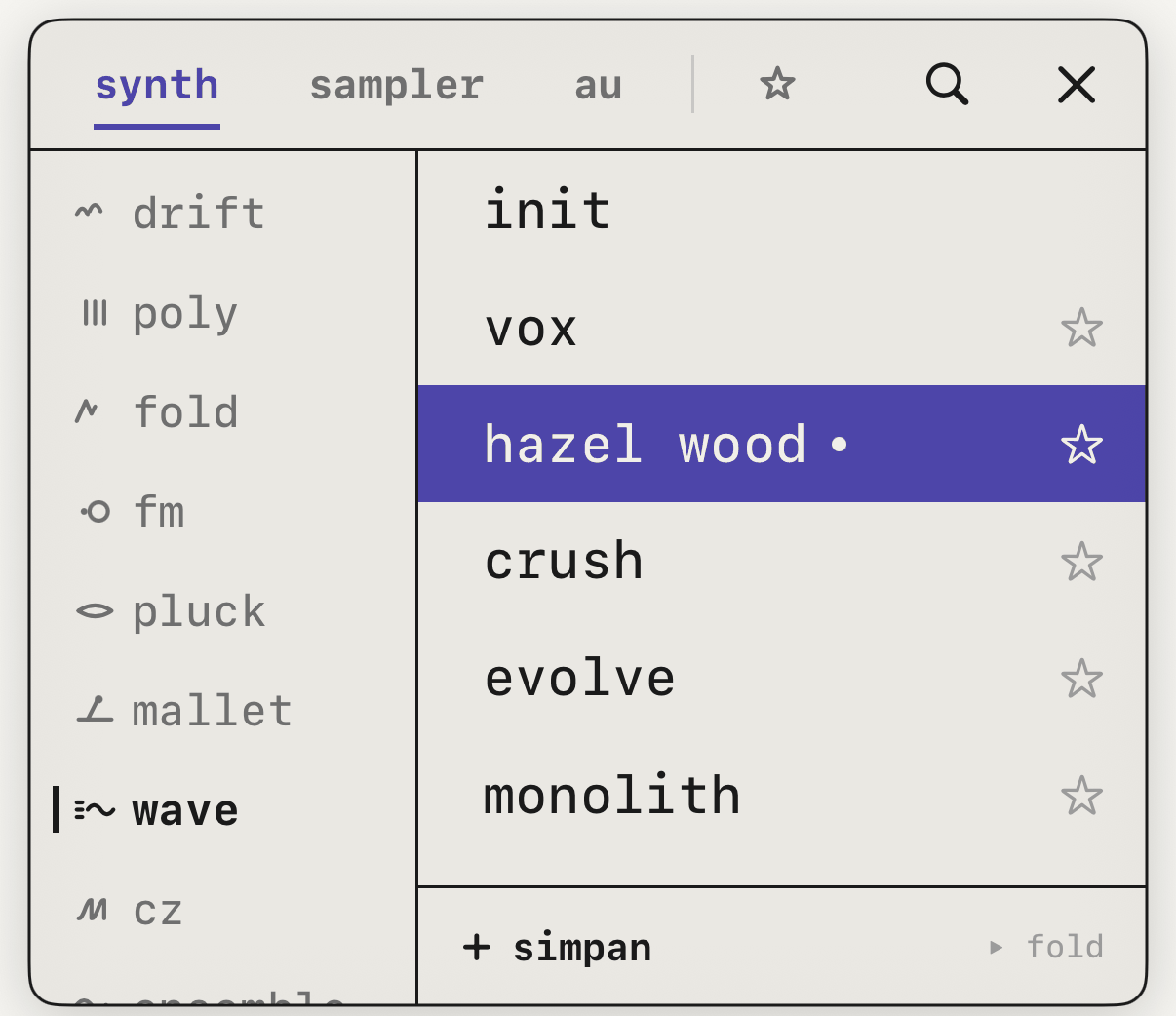 Browser, dengan keluarga di atas, mesin di kiri dan preset di kanan.