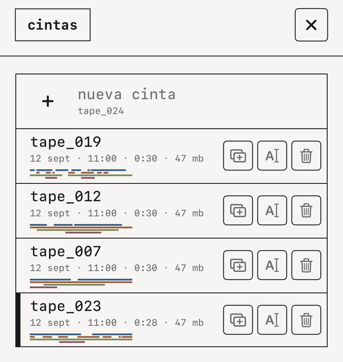 La lista de cintas.