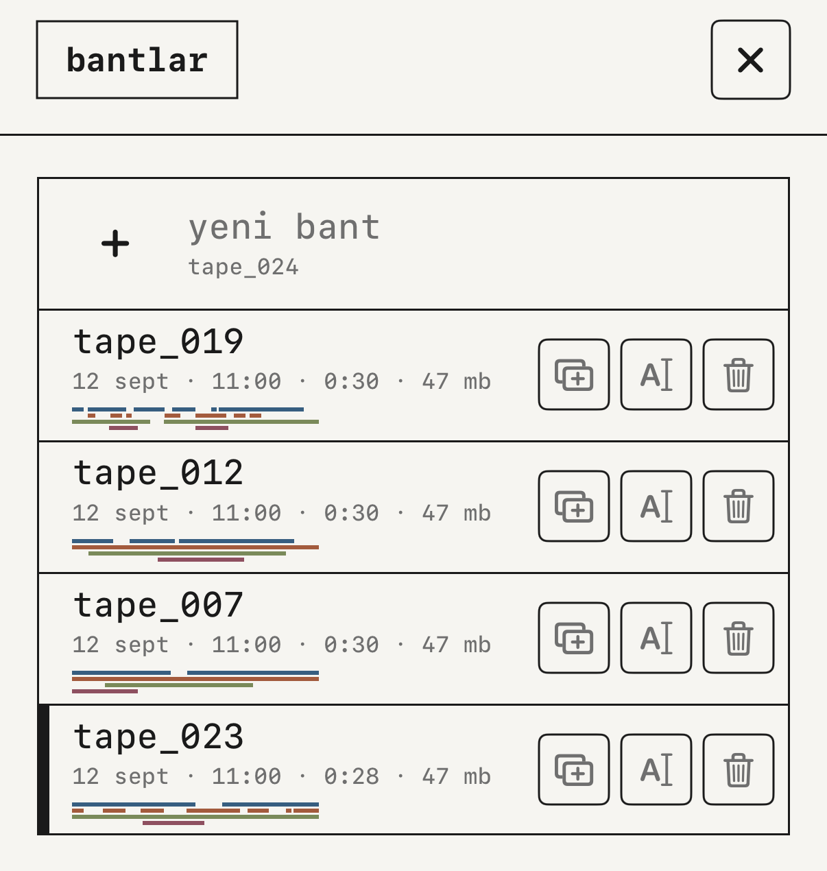Bant listesi.