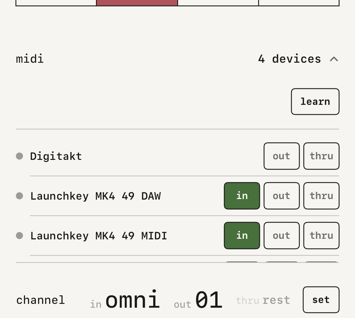 The list of MIDI devices and the channel.