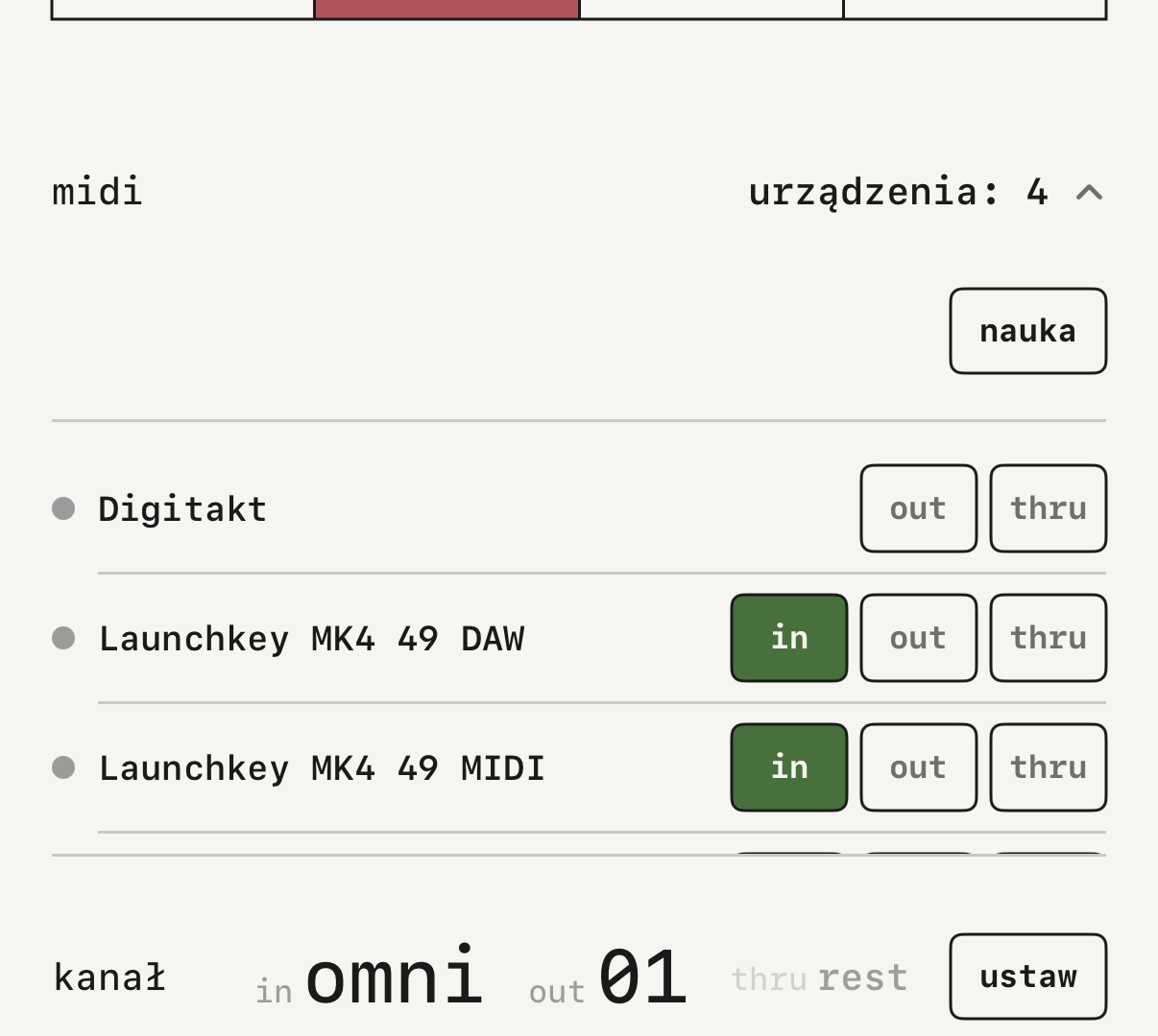 Lista urządzeń MIDI i kanał.
