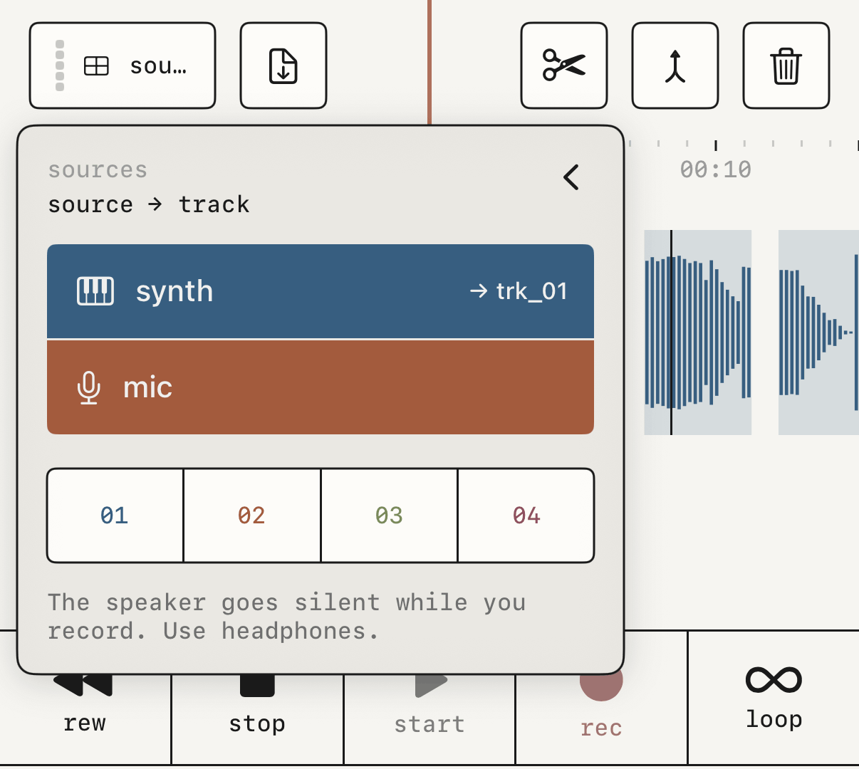 The sources panel, with the synth on trk_01 and the mic on trk_02.