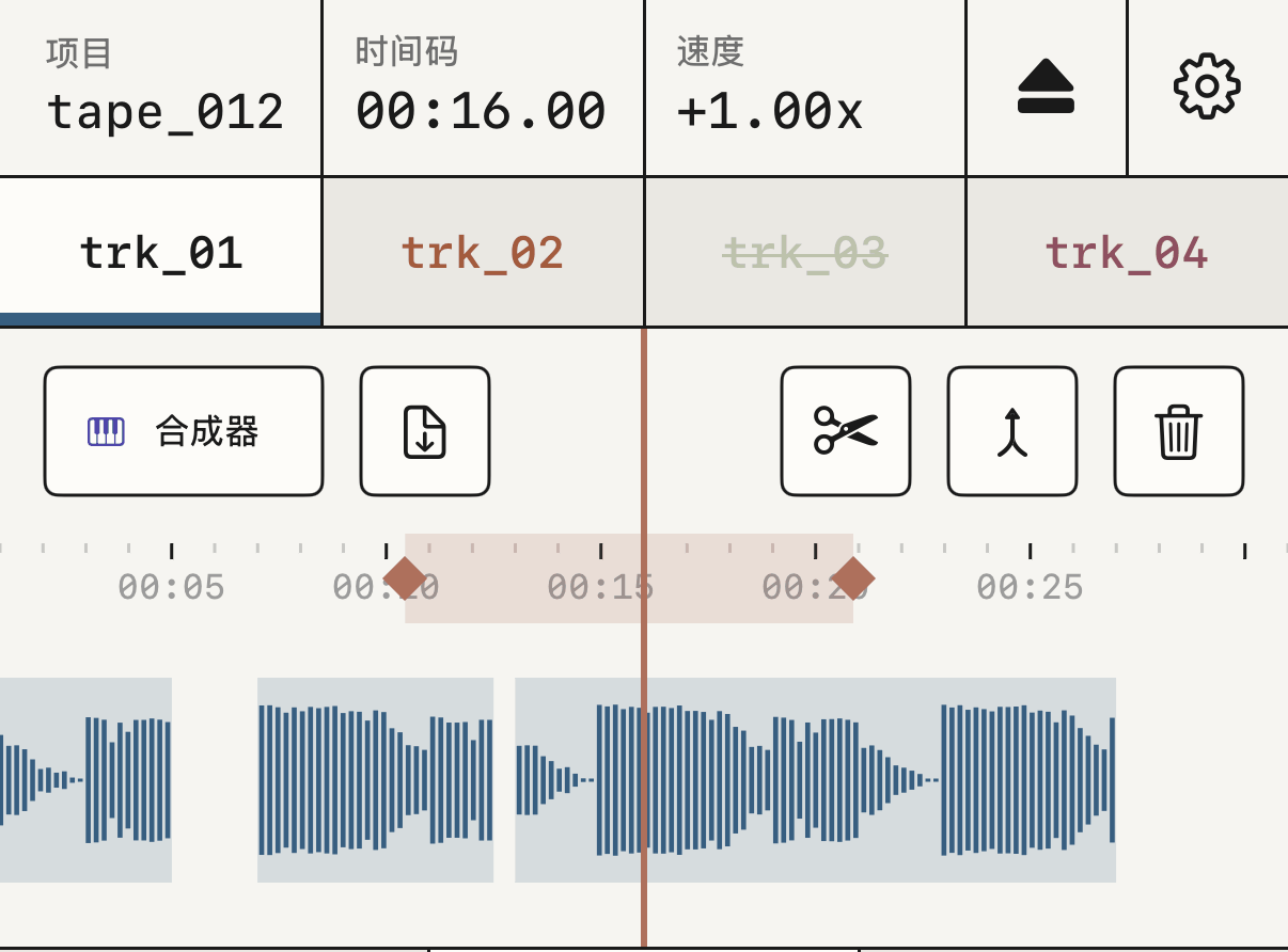 音轨 页面，待录的标签和放大的录音。