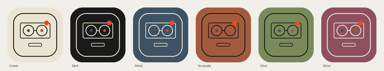 Six TapeDesk icon skins: Cream, Dark, Petrol, Terracotta, Olive, Wine