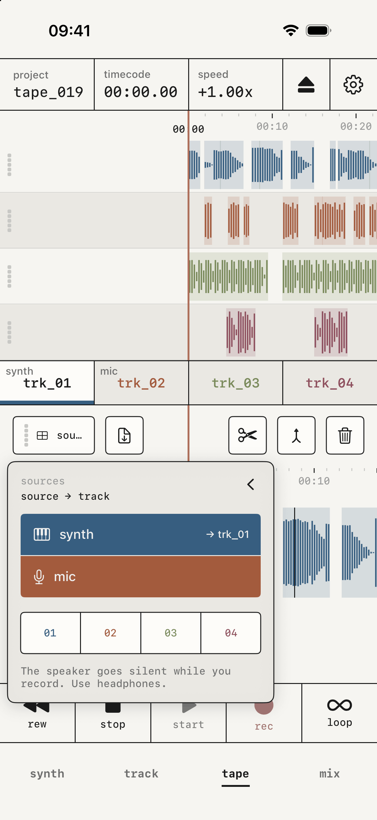 The sources panel open over the tape, with the synth on trk_01 and the mic on trk_02.