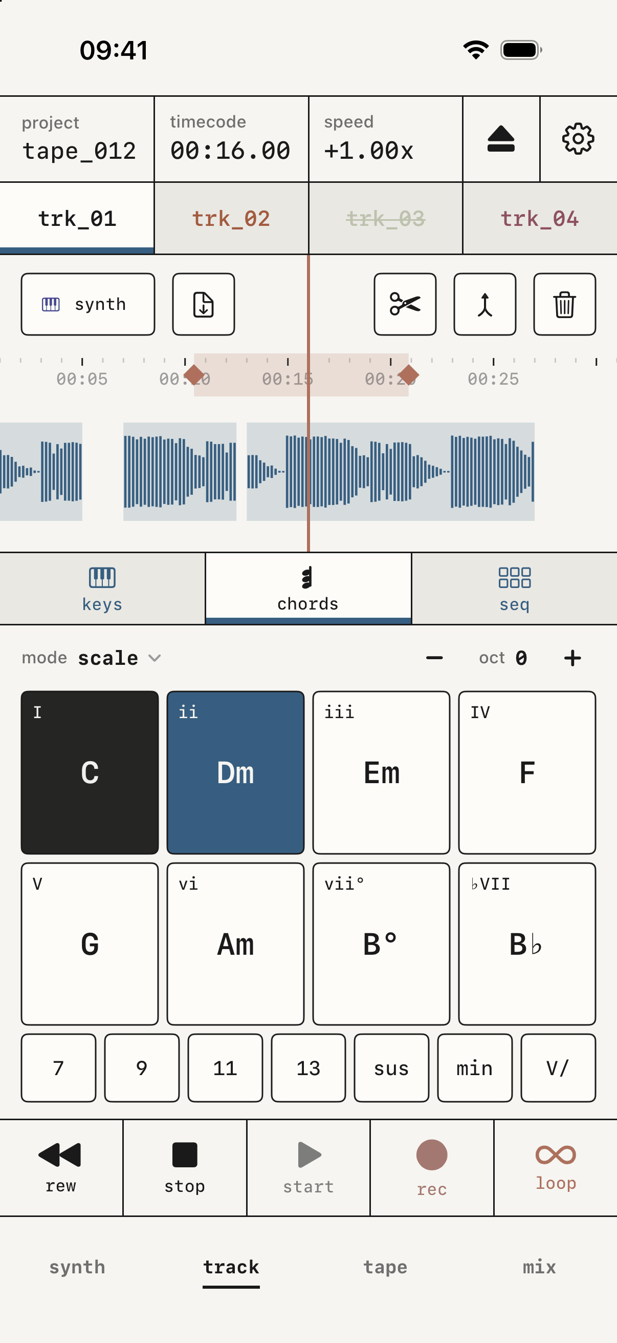 The track screen, with the armed track's take in the middle and chords below, with Dm pressed.