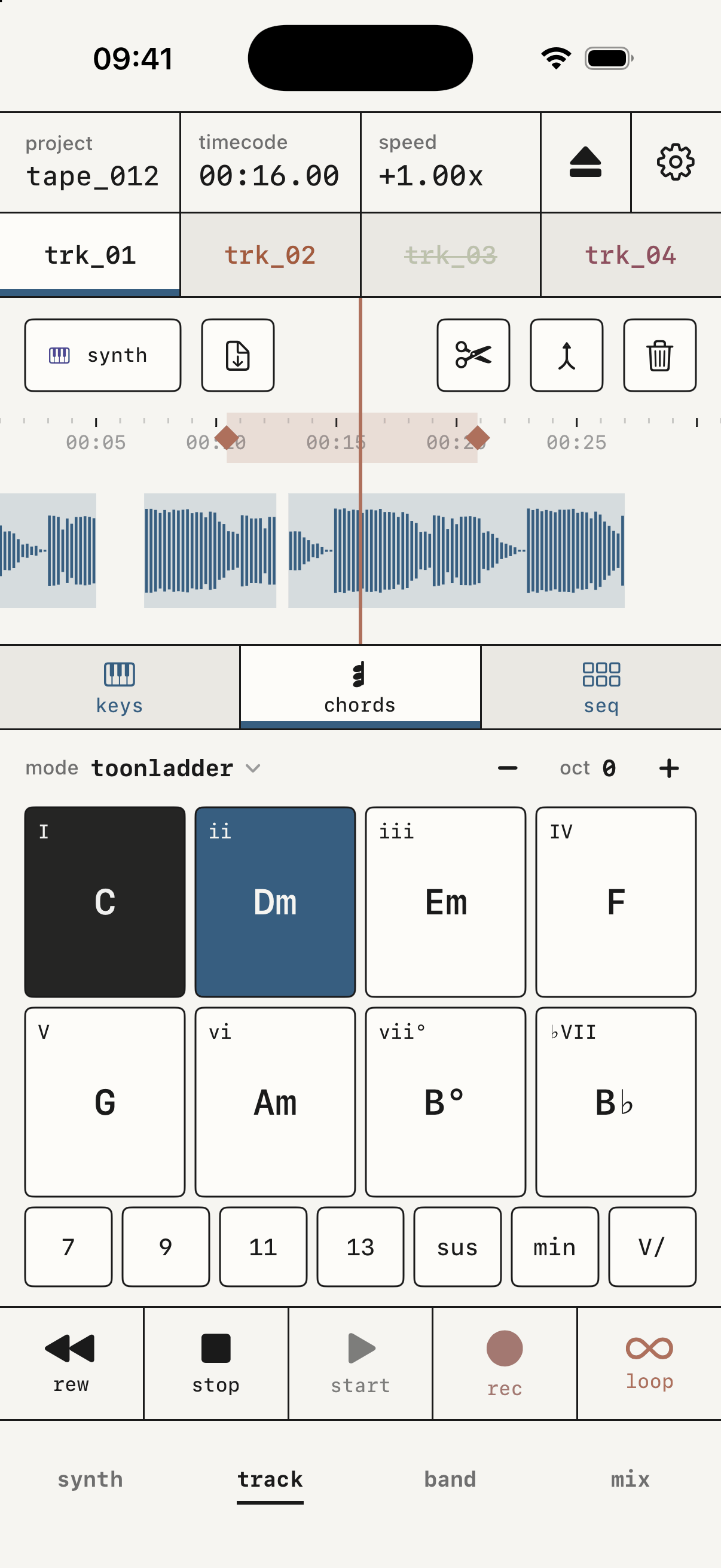Het track-scherm, met in het midden de opname van de track die klaarstaat en onderaan chords, met Dm ingedrukt.
