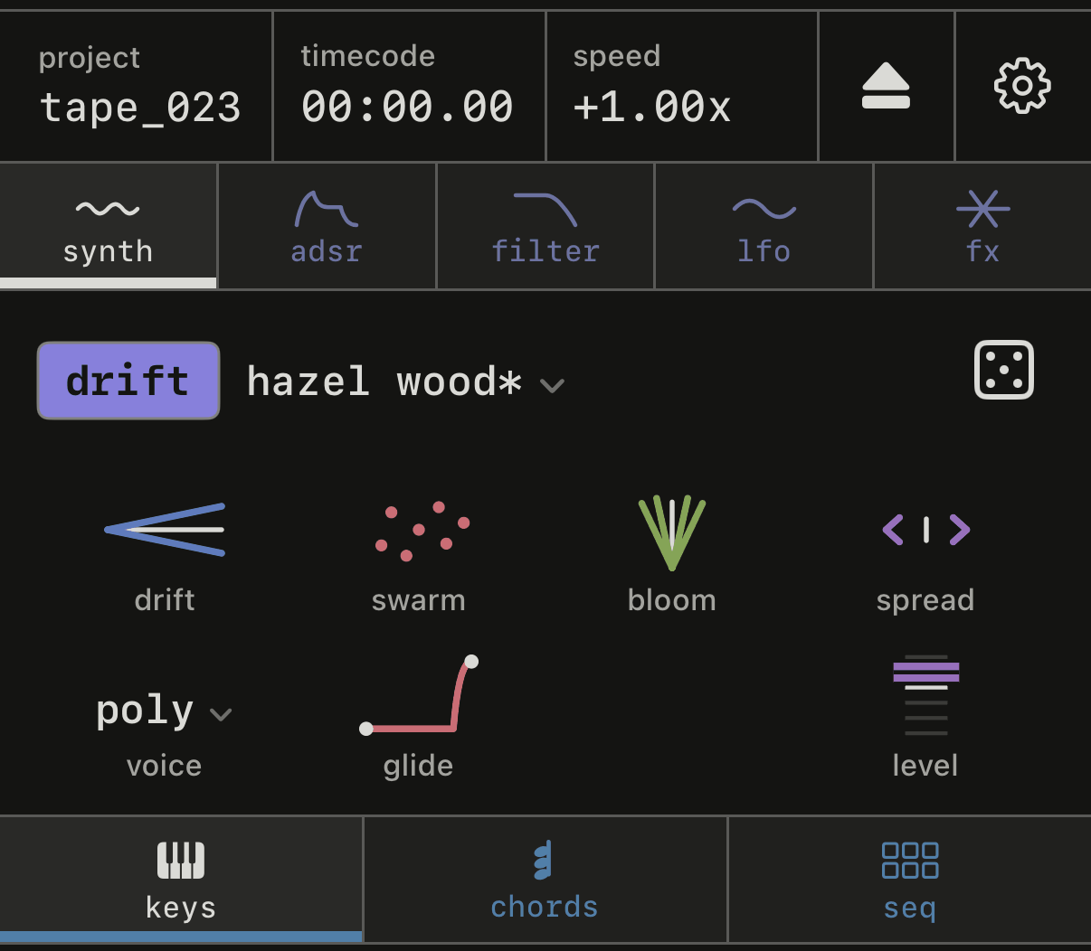 L’onglet synth de drift, avec ses quatre macros dessinées.