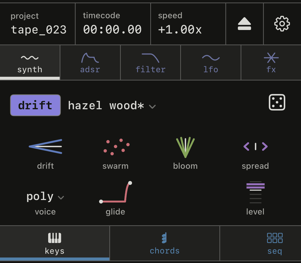 Het synth-tabblad van drift, met de vier macro's getekend.