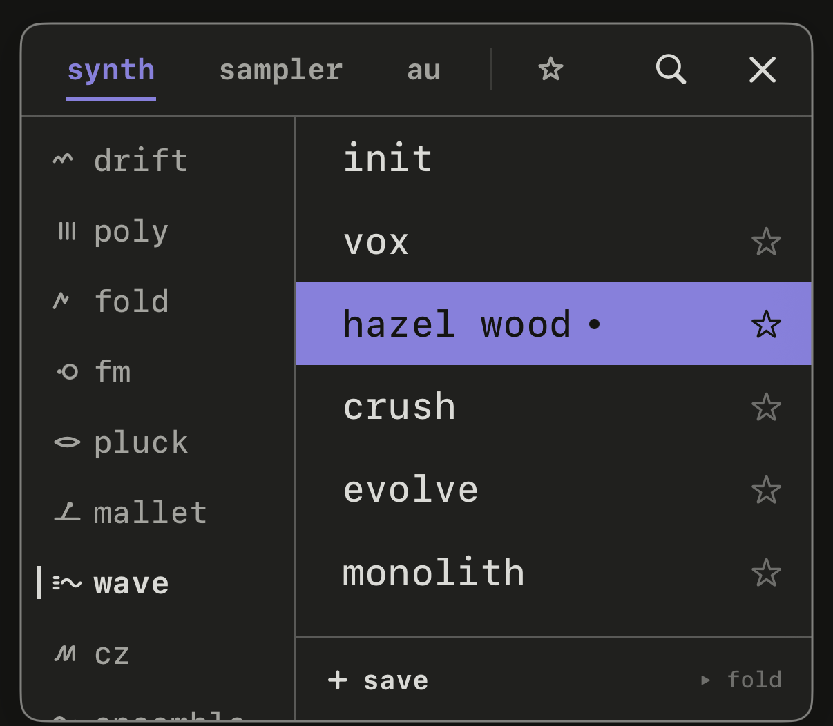 The preset browser, with the families, the engines and the list of presets.