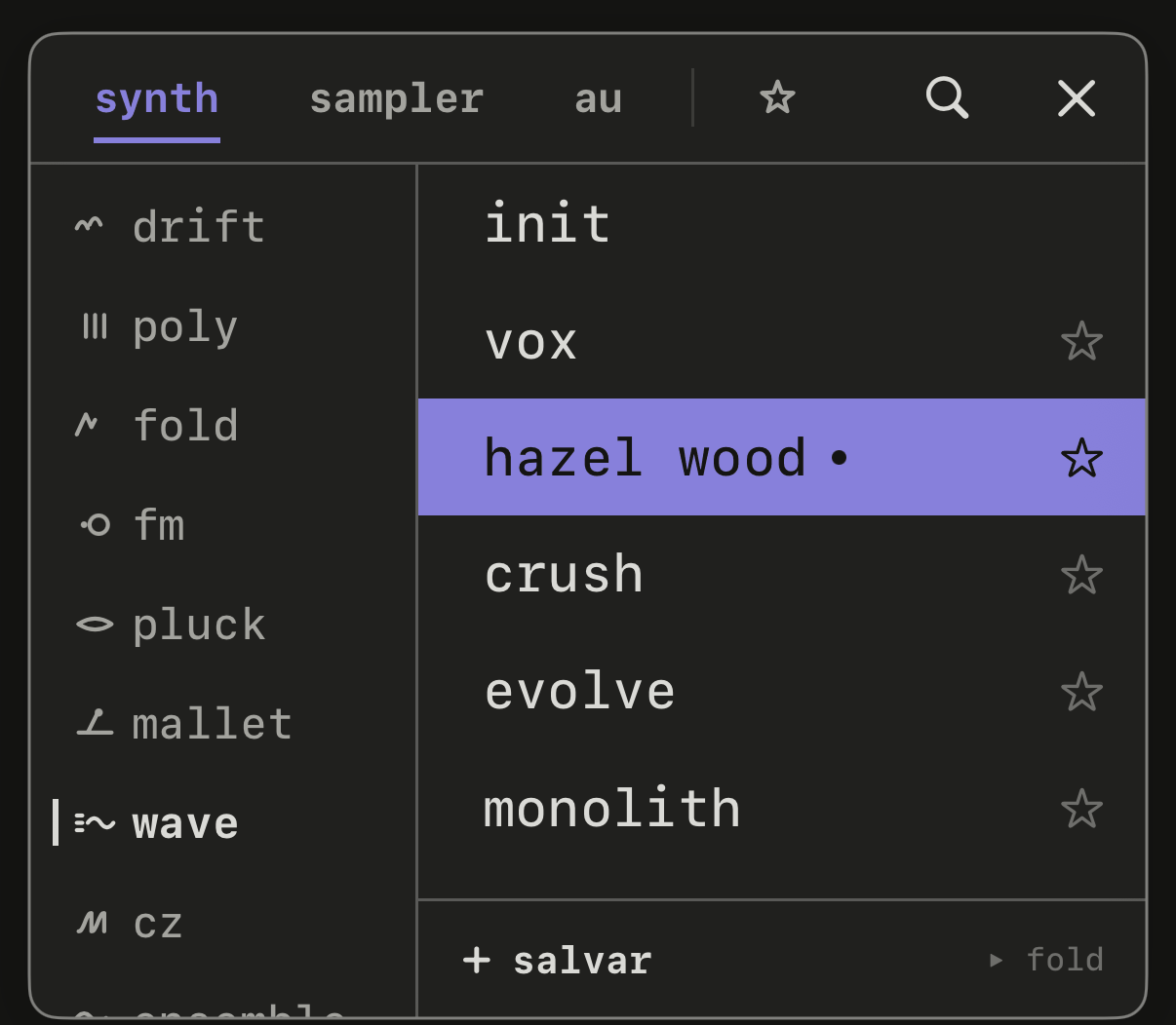 O navegador de presets, com as famílias, os motores e a lista de presets.