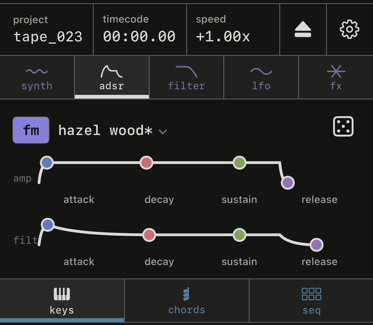 Der adsr-Tab mit den Hüllkurven für Lautstärke und Filter.