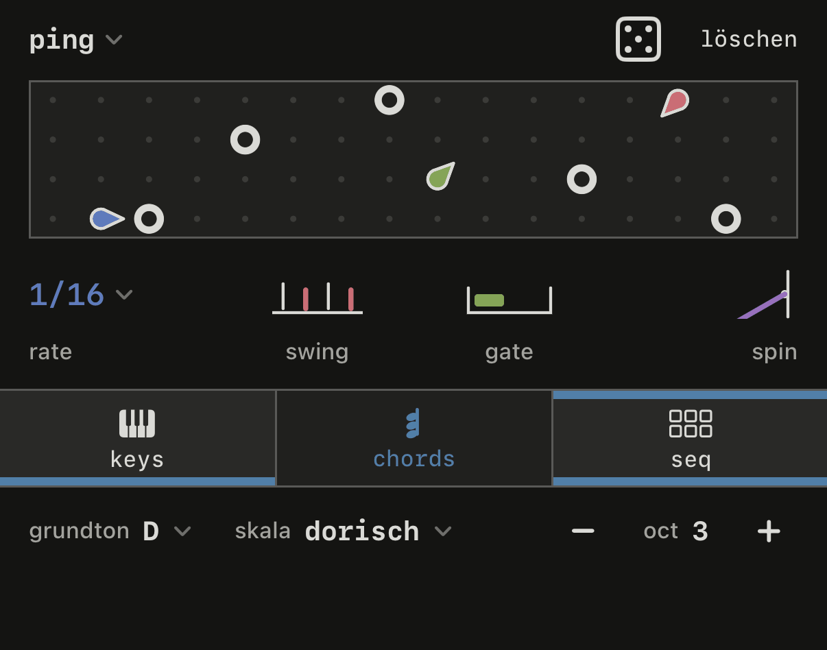 Seq in ping, mehrere Kugeln springen zwischen Glocken hin und her.