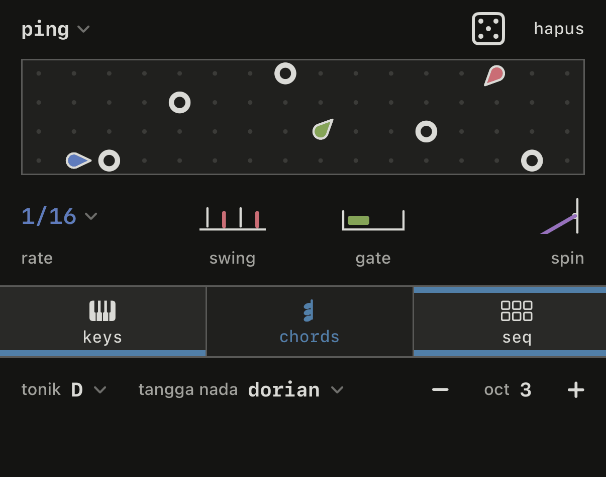 Seq dalam mode ping, beberapa bola memantul di antara lonceng.