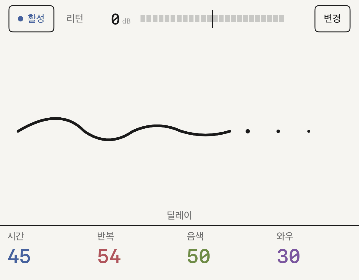 딜레이를 넣은 fx 1과 노브 네 개.