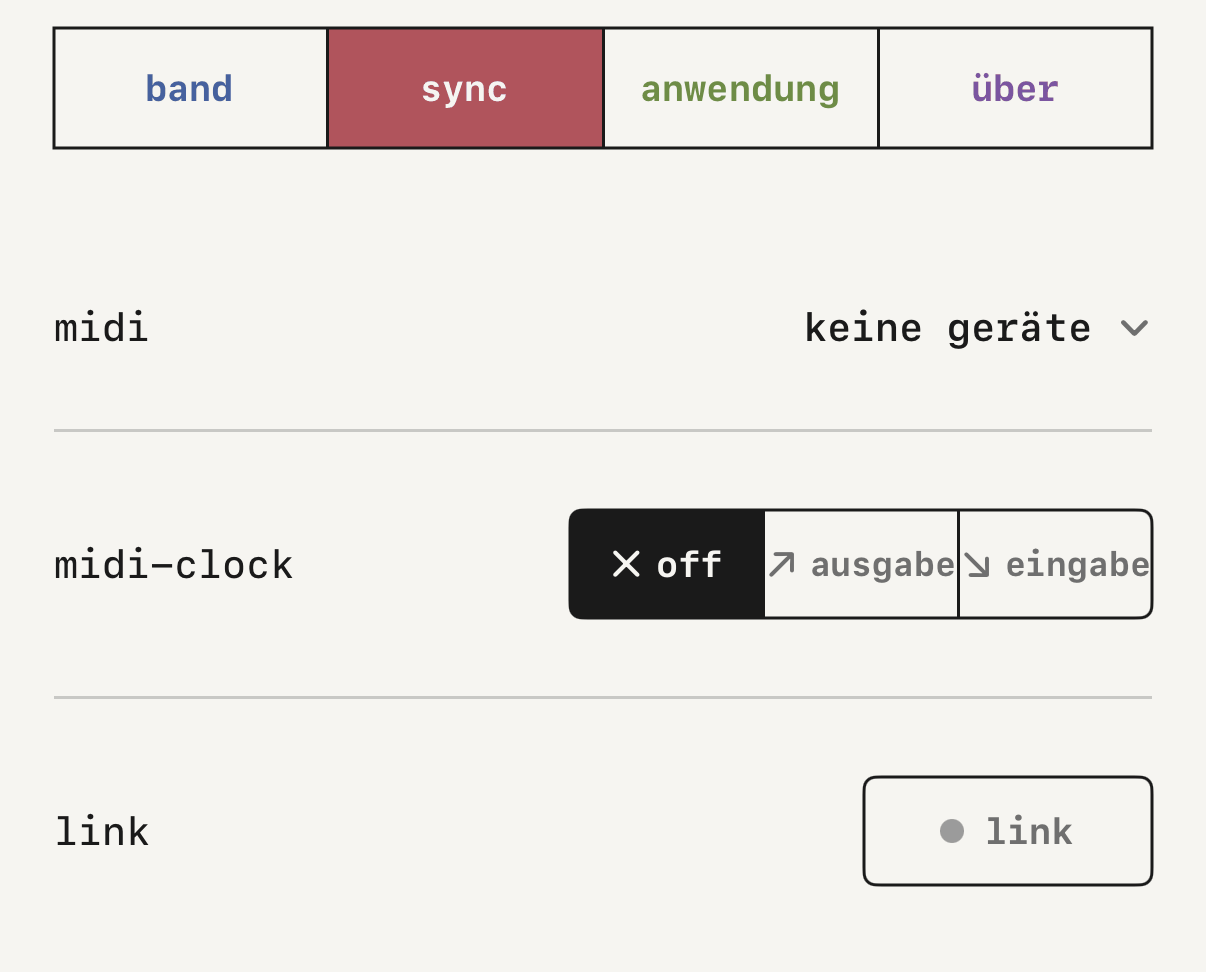 Einstellungen, sync, mit MIDI-Clock und Link.
