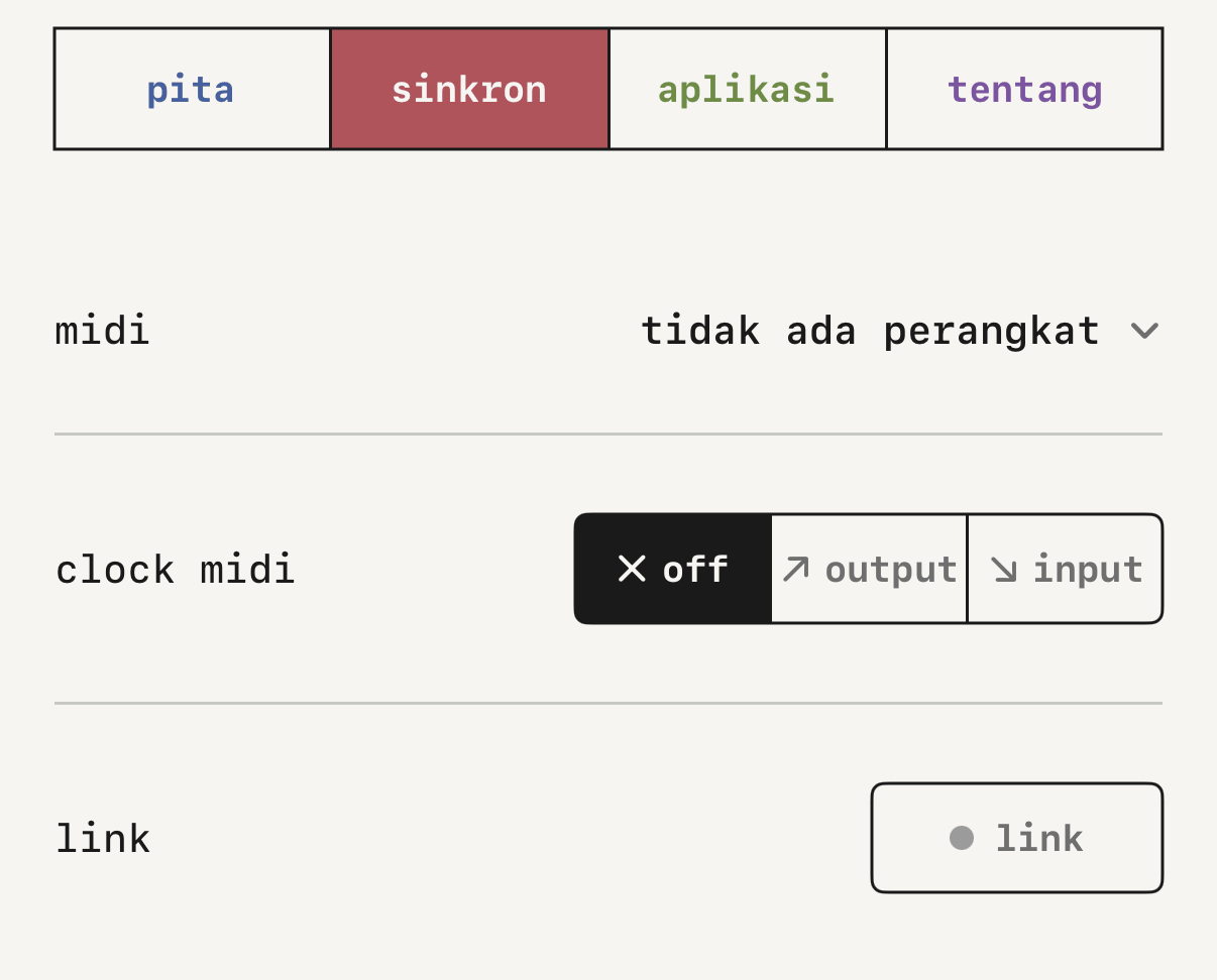 Pengaturan, tab sinkron, dengan clock MIDI dan Link.