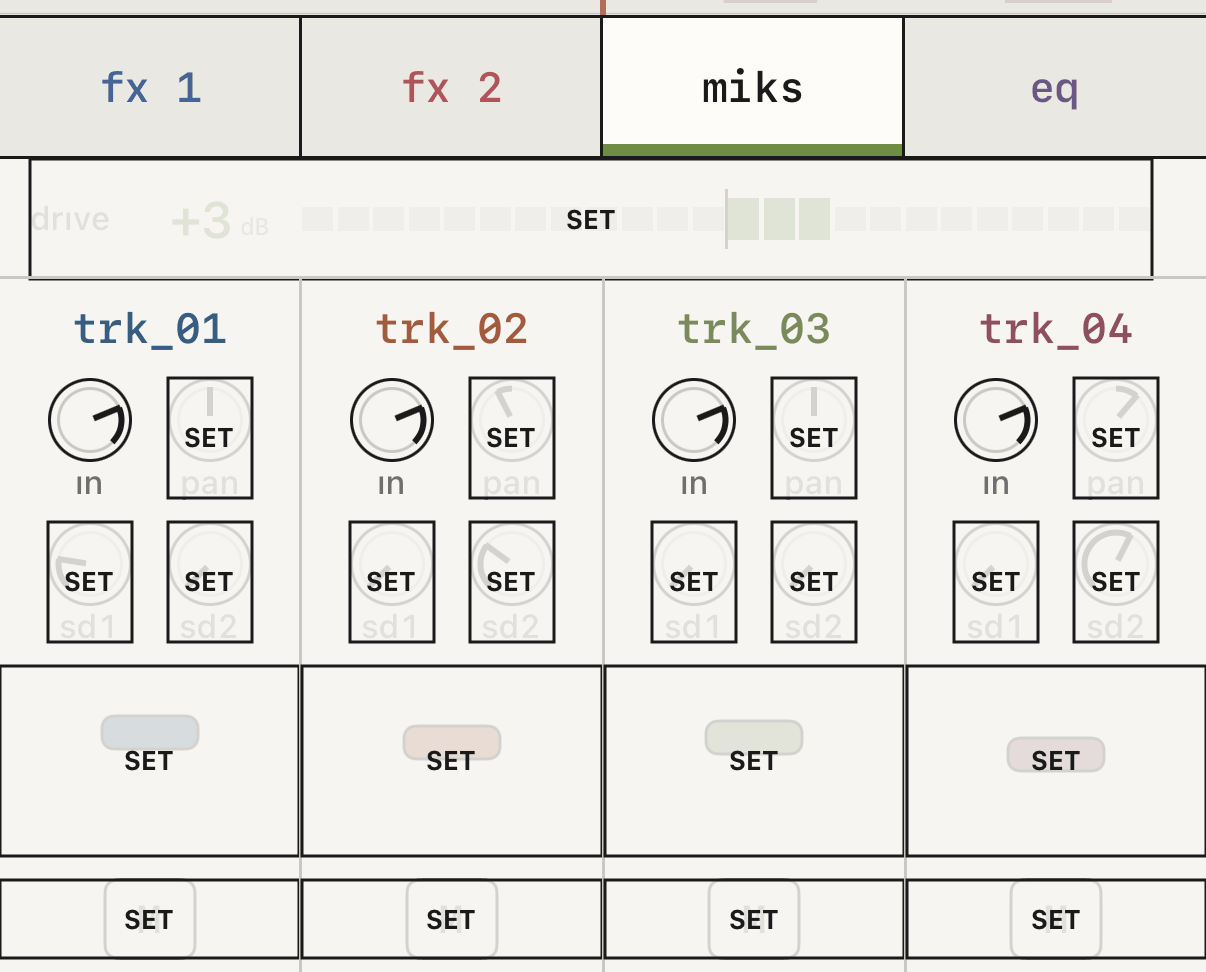 MIDI learn açık, miksin üstünde SET plakaları.