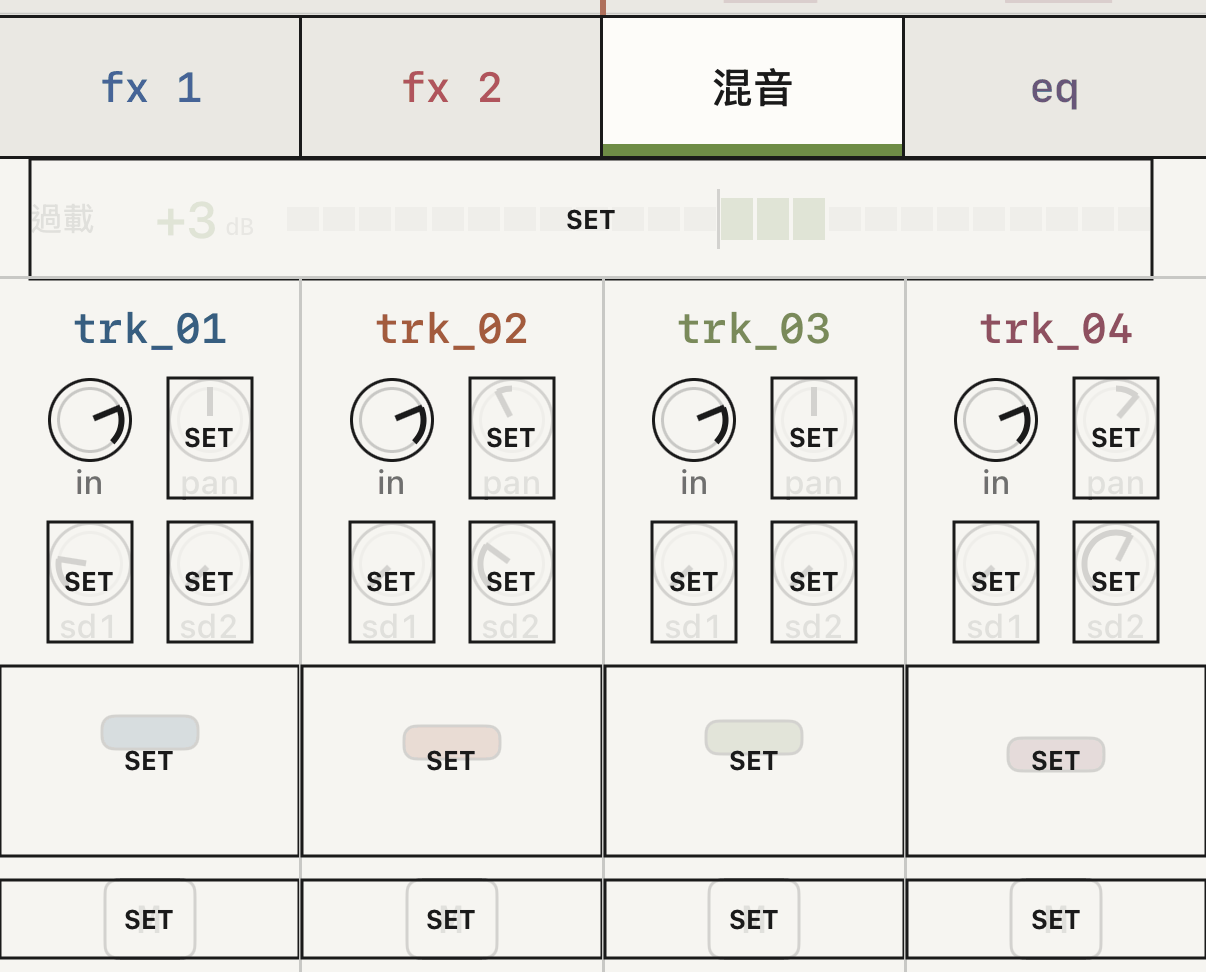 MIDI 學習已打開,混音頁上蓋滿了「設定」標牌。